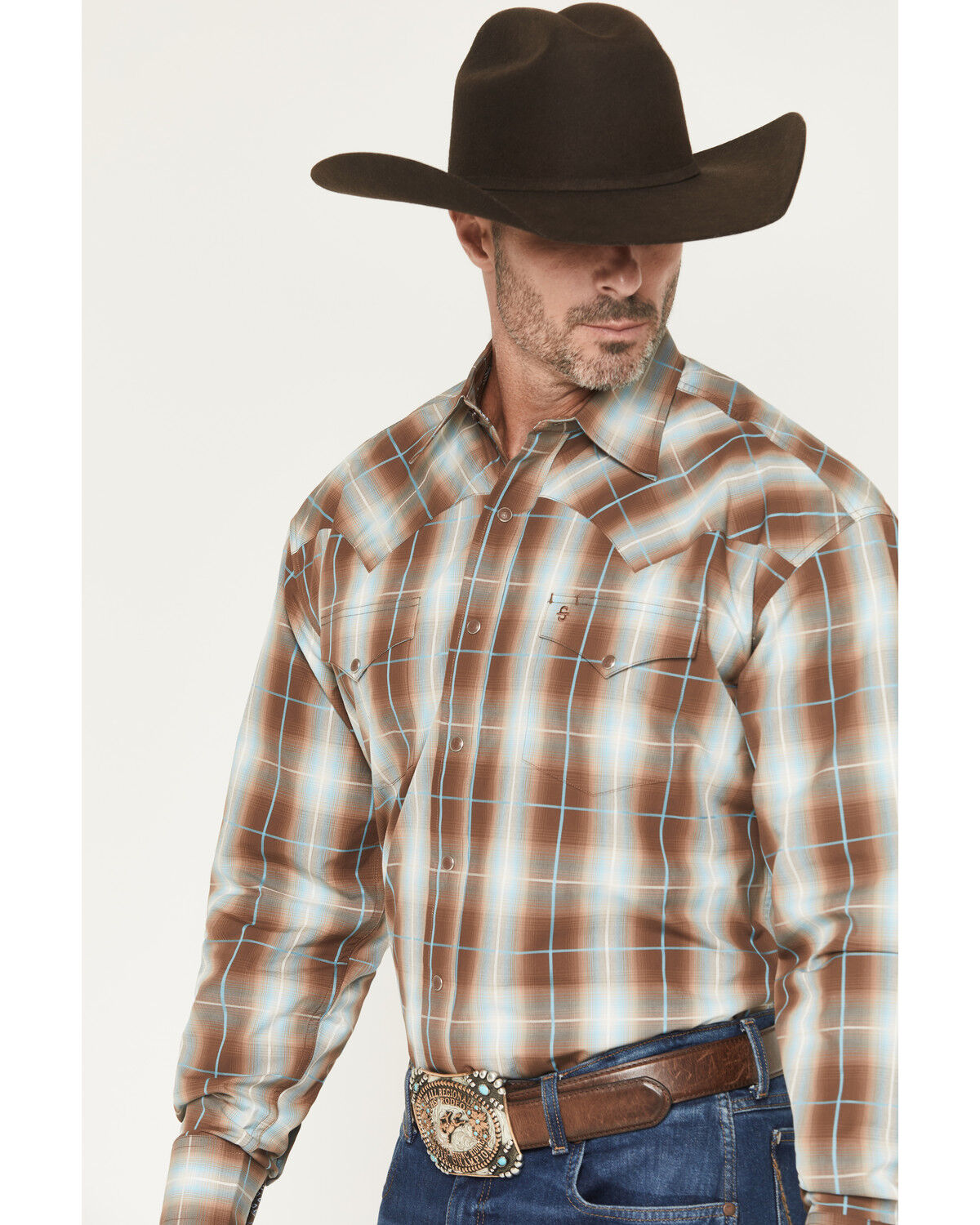 Image #2 - Stetson Men's Plaid Print Long Sleeve Snap Western Shirt, Brown, hi-res