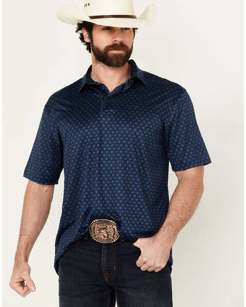 Ariat Men's Charger 2.0 Geo print Short Sleeve Performance Polo Shirt , Dark Blue, hi-res