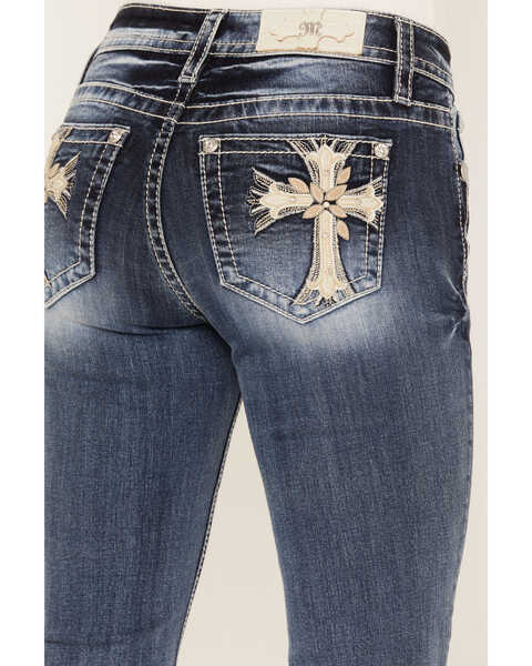 Miss Me Women's Medium Wash Mid Rise Cross Rhinestone Embroidered Bootcut Jeans, Blue, hi-res
