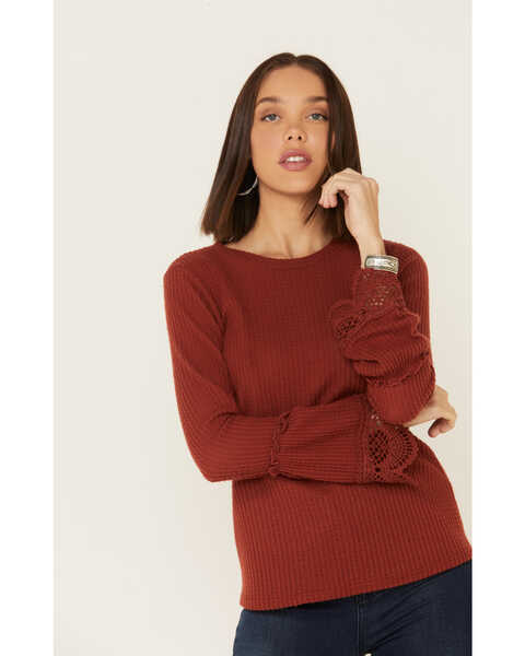 Moa Moa Women's Rust Brushed Thermal Bell Sleeve Top , Rust Copper, hi-res