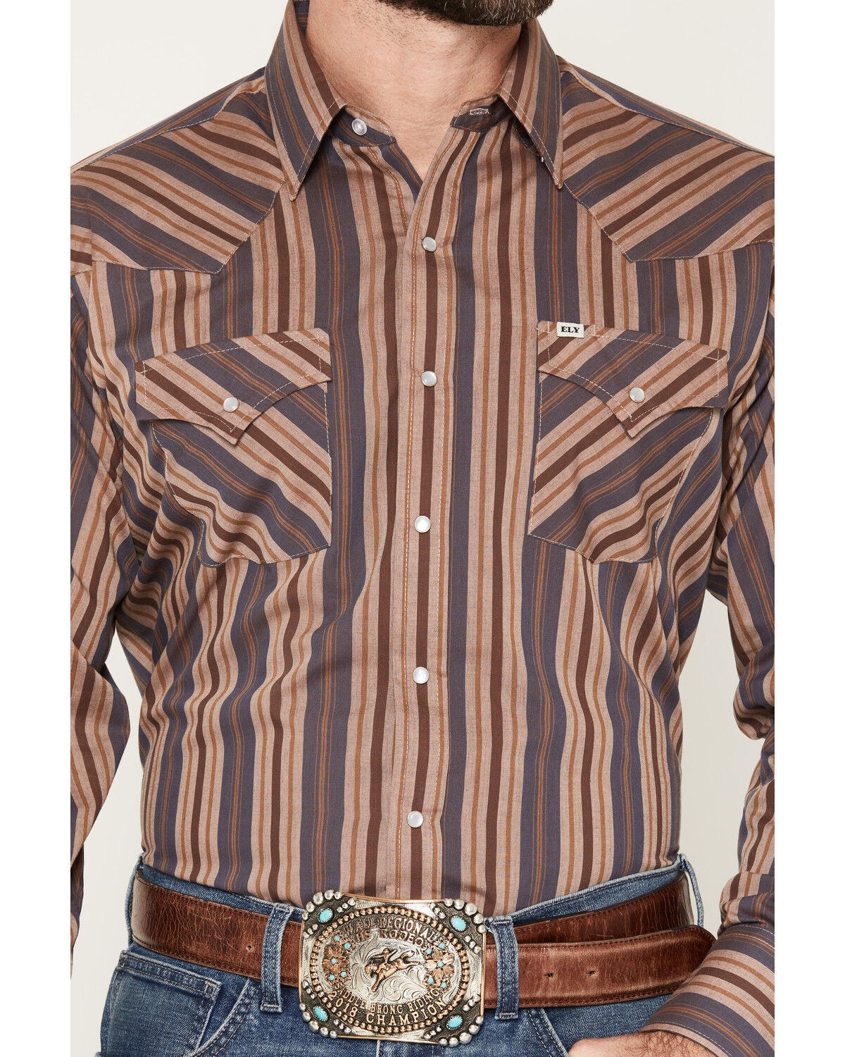 Image #3 - Ely Walker Men's Striped Long Sleeve Pearl Snap Western Shirt, Blue, hi-res