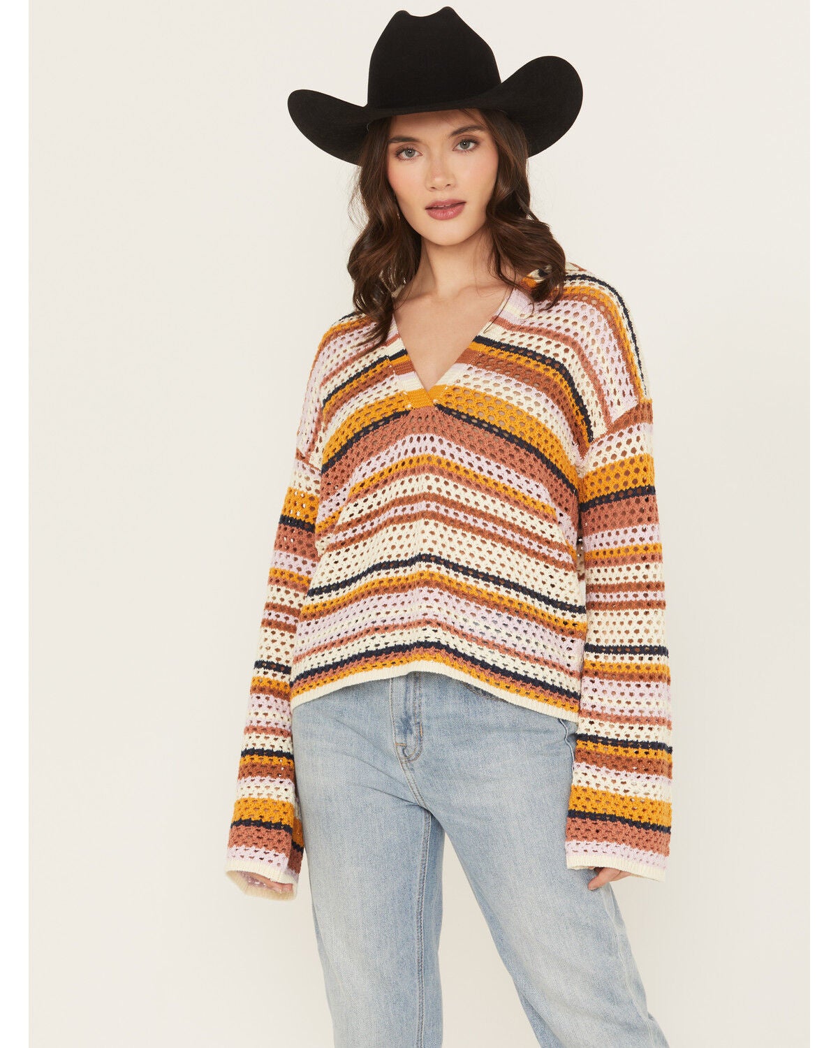 Cleo + Wolf Women's Open Stitch Striped Pullover, Rose, hi-res