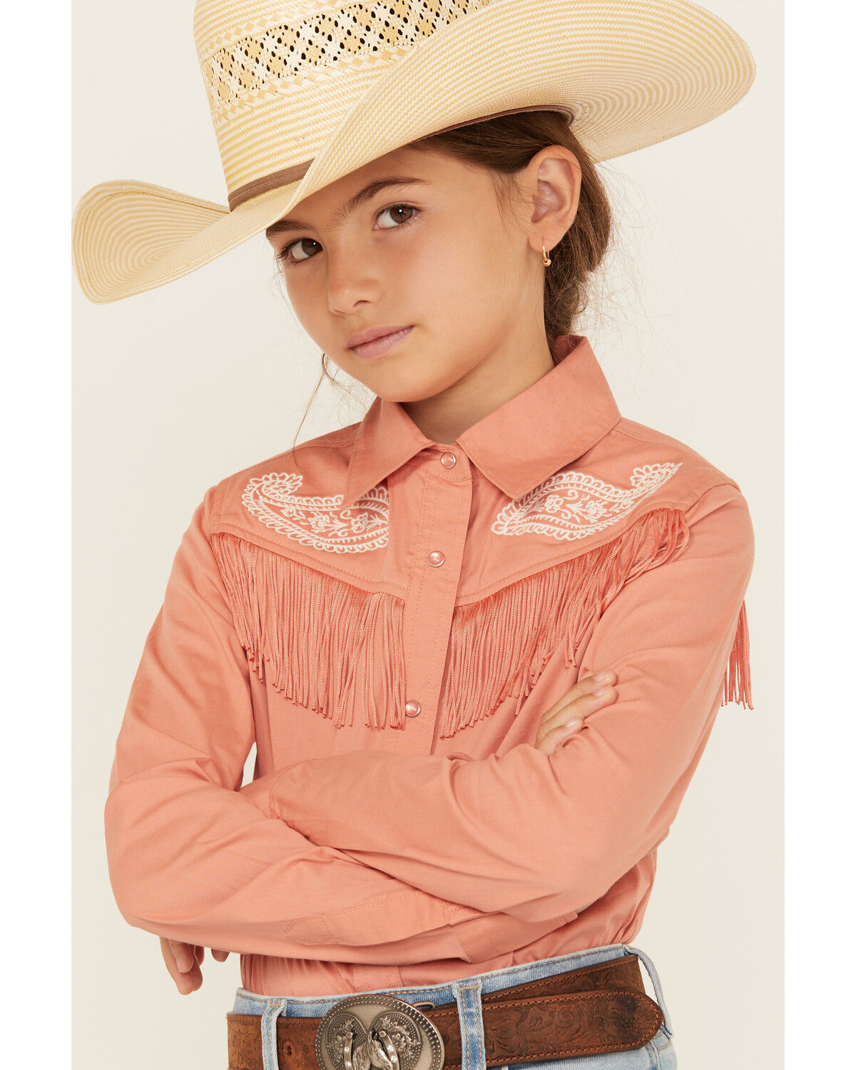 Product Name:  Shyanne Girls' Western Embroidered Fringe Long Sleeve Snap Stretch Western Shirt