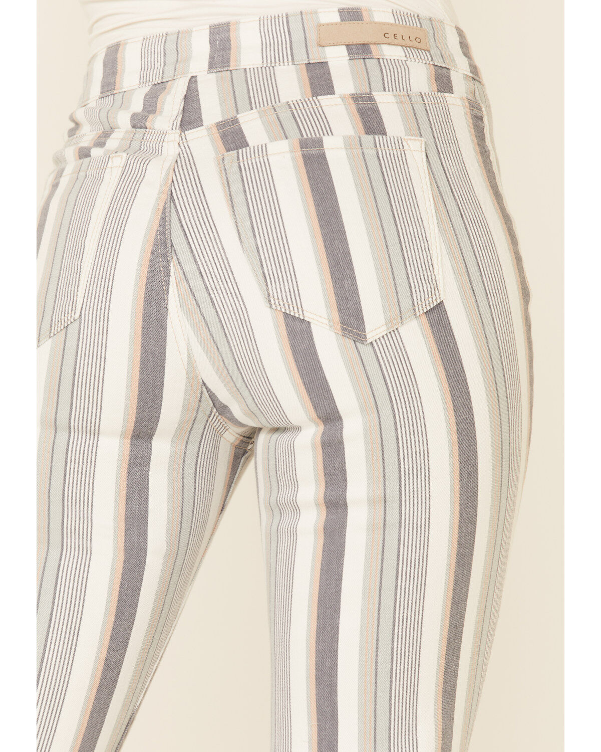 Image #3 - Cello Women's Striped Raw Hem Flare Jeans, Ivory, hi-res