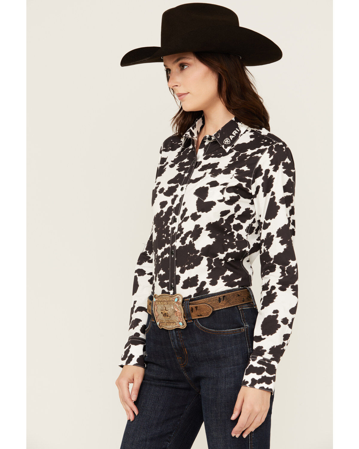 Image #2 - Ariat Women's Cow Print Wrinkle Resist Team Kirby Long Sleeve Button-Down Stretch Western Shirt, Cream, hi-res