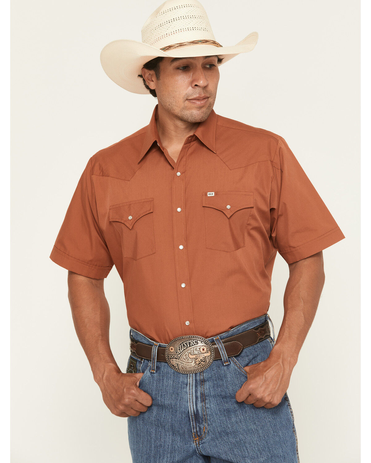 Image #1 - Ely Walker Men's Boot Barn Exclusive Solid Short Sleeve Snap Western Shirt, Rust Copper, hi-res