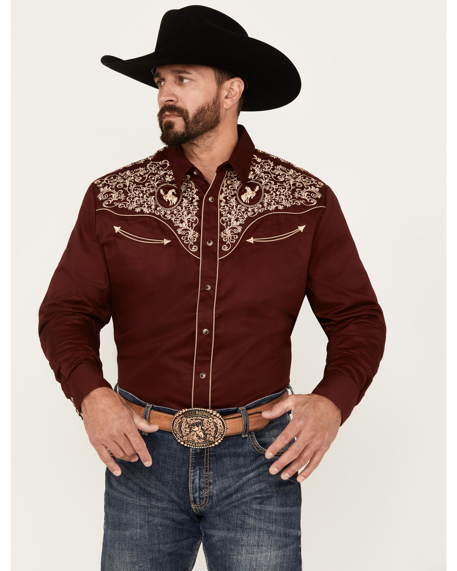Rodeo Clothing Men's Embroidered Long Sleeve Snap Western Shirt