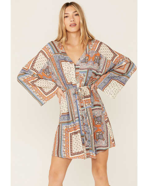 Image #4 - Lovestitch Women's Natural Periwinkle Patchwork Print Bell Sleeve Mini Dress, Periwinkle, hi-res