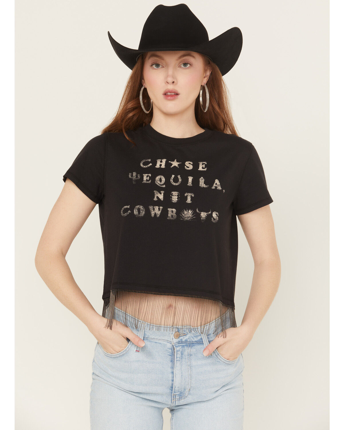 Image #2 - Idyllwind Women's Chase Tequila Ball Chain Fringe Short Sleeve Cropped Graphic Tee, Black, hi-res