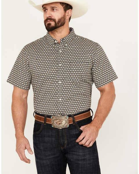 Cody James Men's Dillon Geo Print Short Sleeve Button-Down Stretch Western Shirt, Tan, hi-res