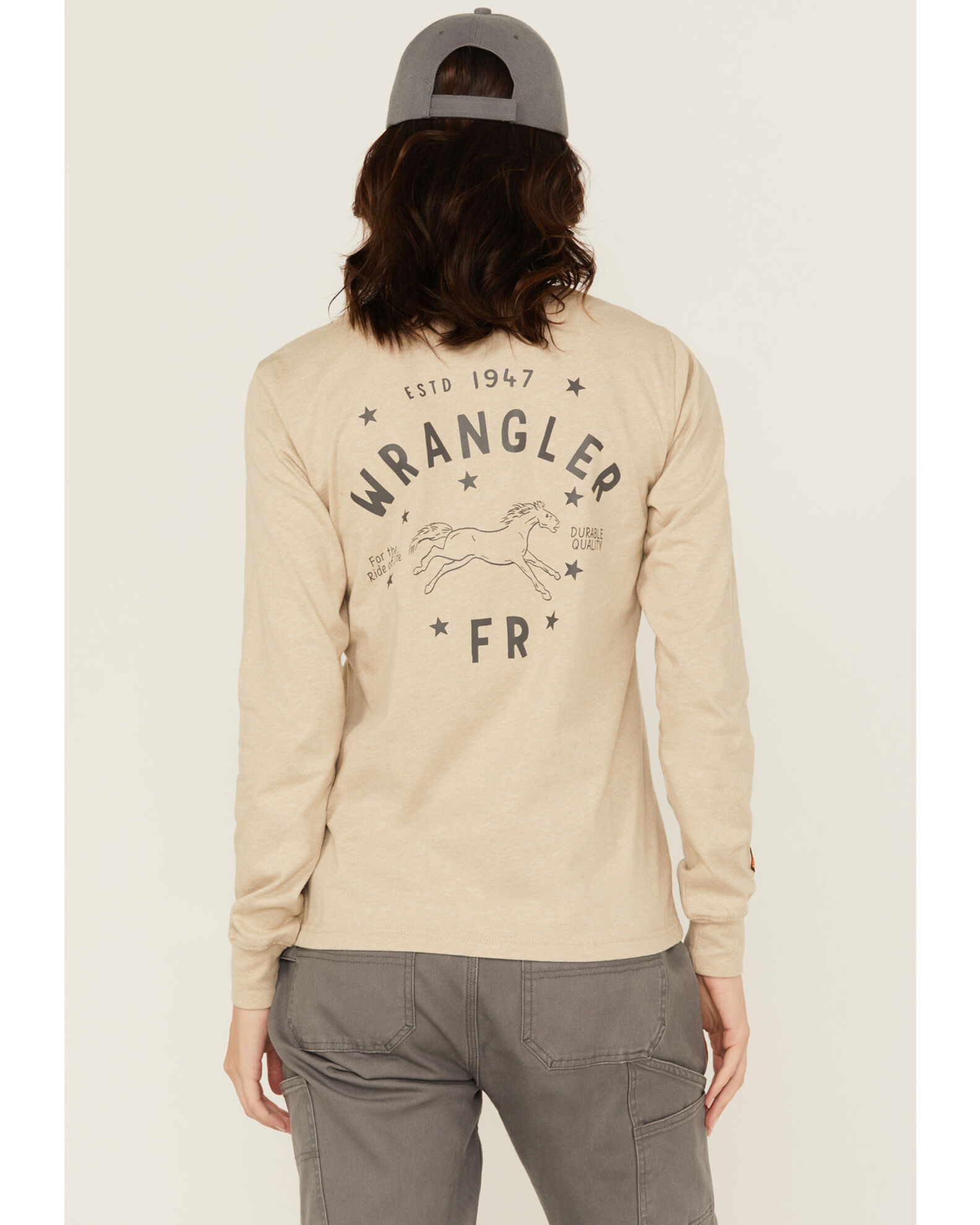 Image #1 - Wrangler Women's FR Pony Long Sleeve Graphic Work T-Shirt - Plus, Tan, hi-res