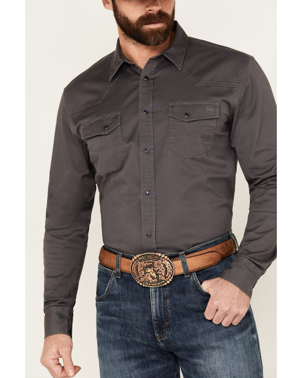 Image #3 - Blue Ranchwear Men's Rustler Solid Twill Long Sleeve Snap Stretch Western Work Shirt, Charcoal, hi-res