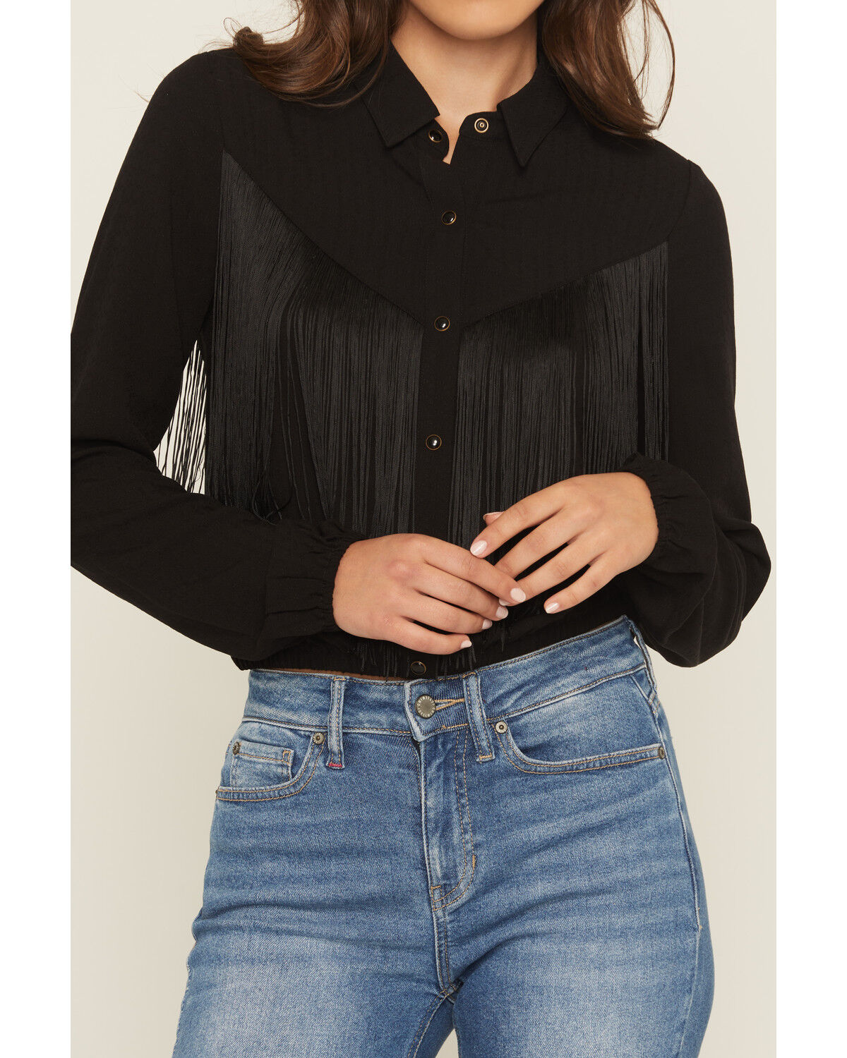 Image #3 - Idyllwind Women's Richfield Fringe Long Sleeve Snap Western Shirt, Black, hi-res