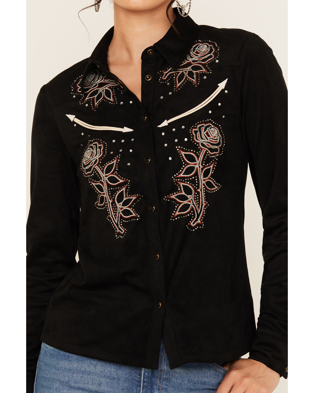 AMERI FAKE LEATHER EMBROIDERY SHIRT ブラック Ameri（アメリ）の「FAKE LEATHER EMBROIDERY SHIRT（シャツ