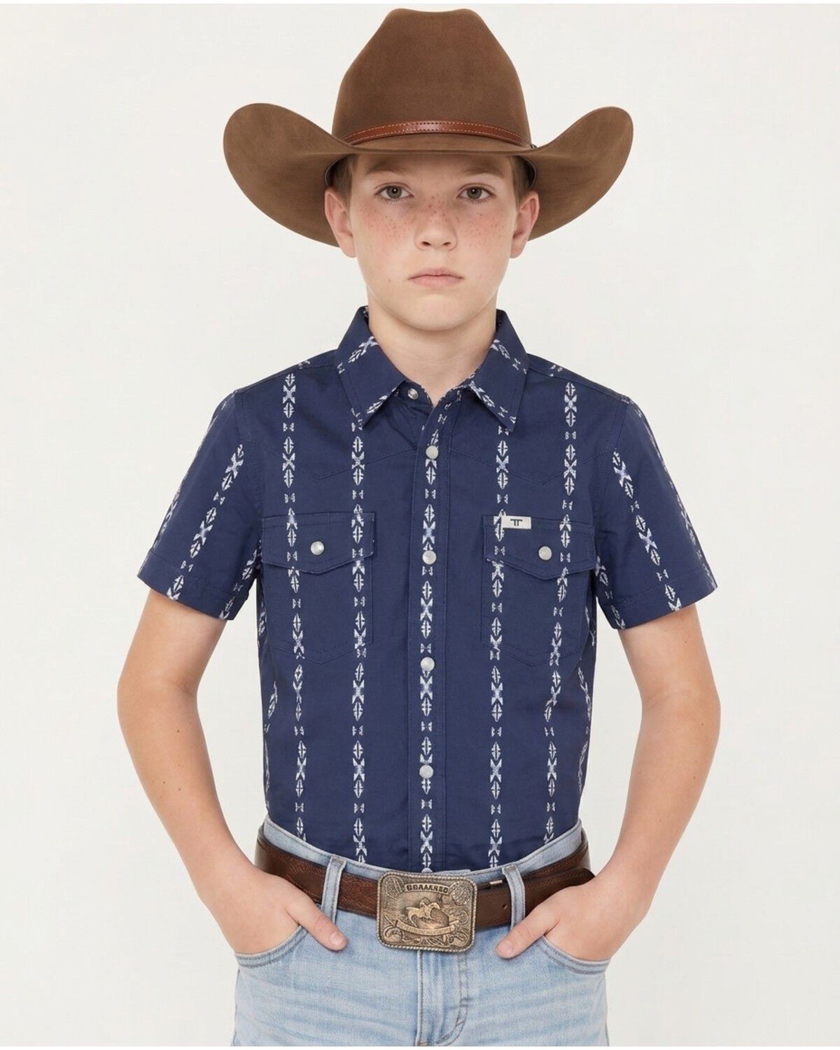 Image #1 - Ferrell Boys' Maverick Tek Striped Short Sleeve Pearl Snap Performance Western Shirt, Blue, hi-res
