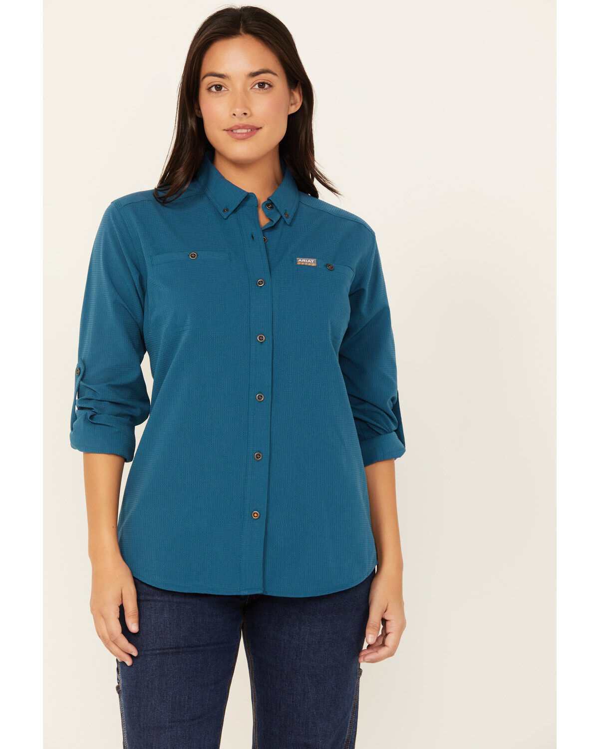 Image #1 - Ariat Women's Rebar Made Tough Long Sleeve Button-Down Work Shirt, Indigo, hi-res