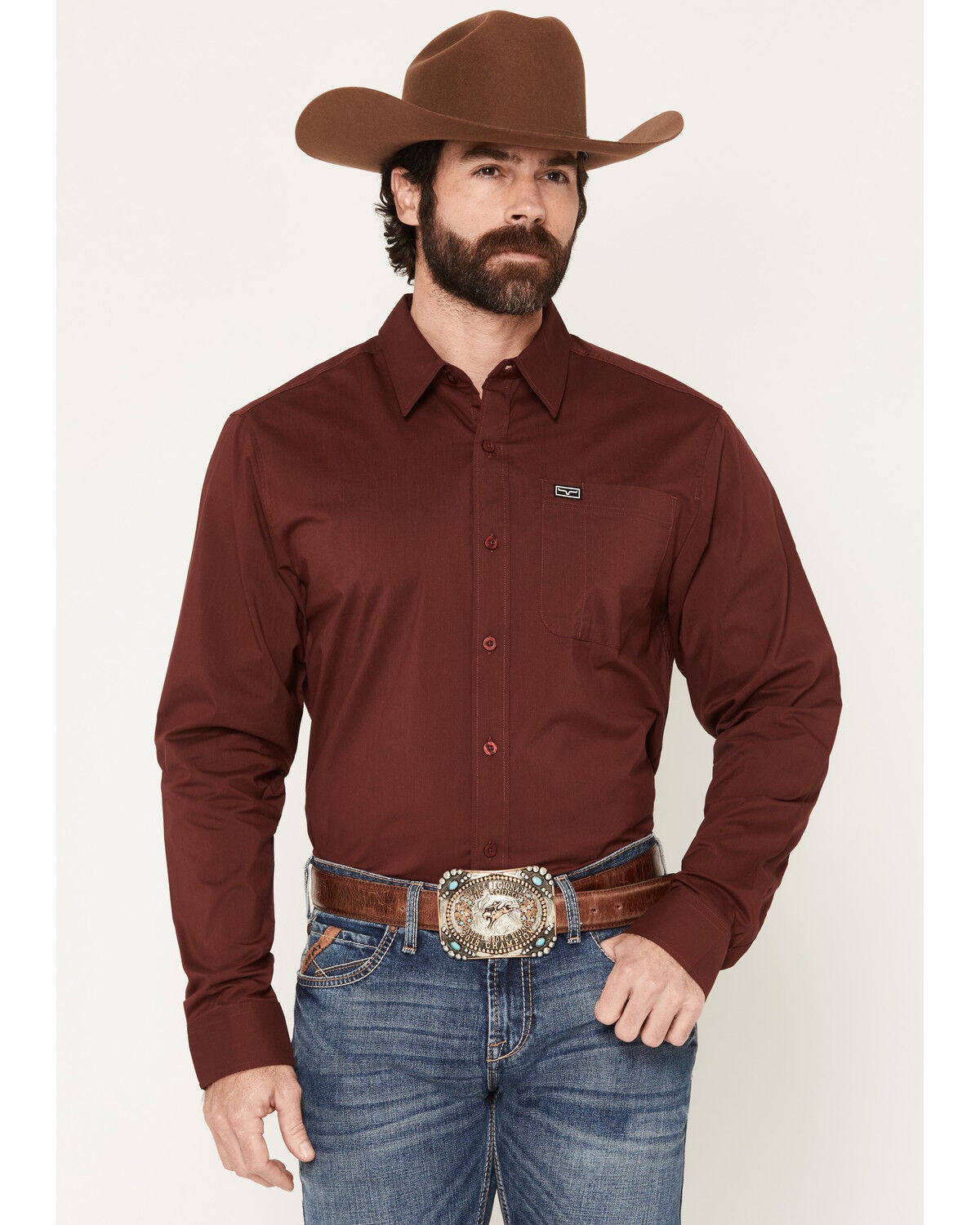 Image #1 - Kimes Ranch Men's Linville Coolmax&reg; Long Sleeve Button-Down Performance Western Shirt, Burgundy, hi-res