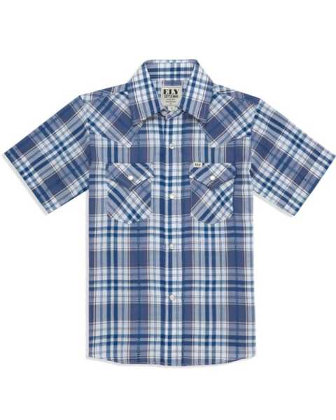 Ely Walker Boys' Plaid Print Short Sleeve Pearl Snap Western Shirt , Blue, hi-res