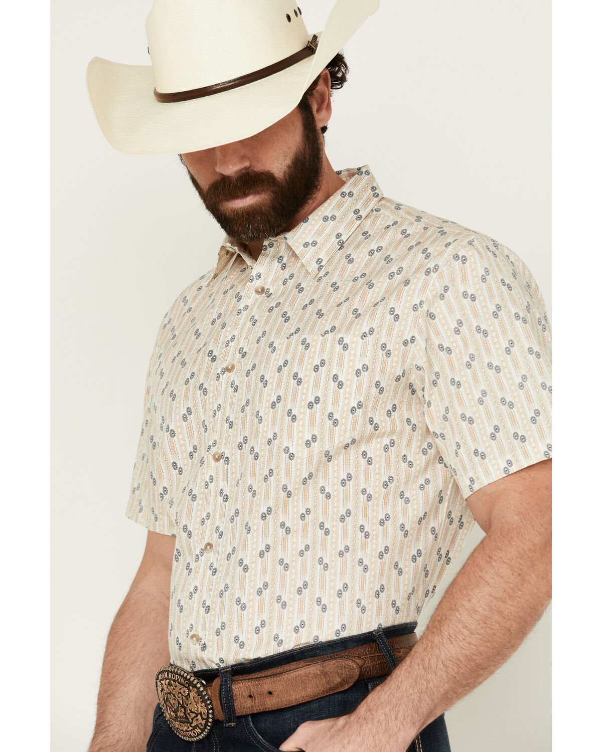 Image #2 - Gibson Men's Vintage Vibe Geo Print Short Sleeve Button-Down Western Shirt, Ivory, hi-res
