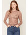 Image #1 - Trixxi Women's Scattered Icon Print Long Sleeve Mesh Top, Brown, hi-res