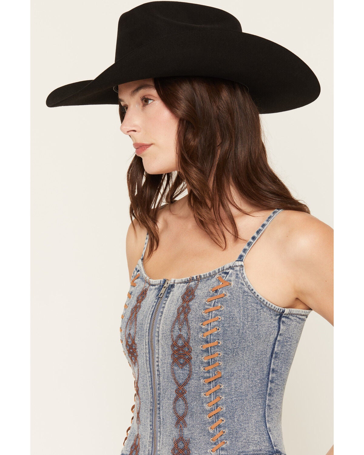 Image #2 - Blue B Women's Denim Embroidered Bustier, Medium Wash, hi-res