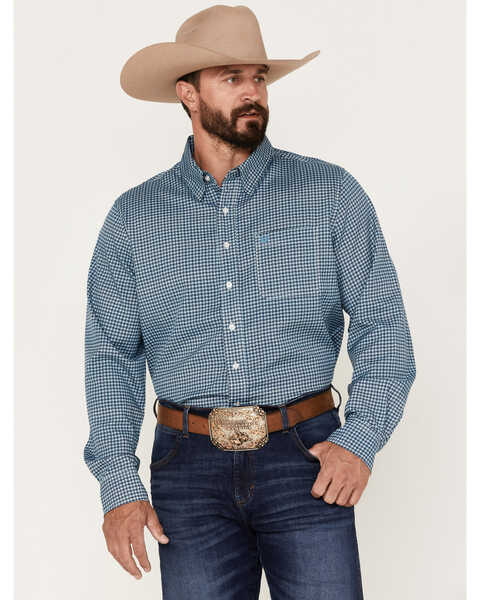 Panhandle Men's Performance Geo Print Long Sleeve Button Down Shirt, Blue, hi-res