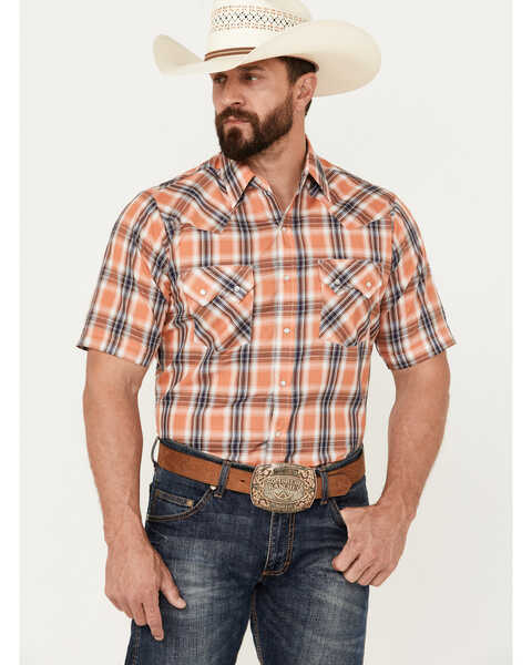 Image #1 - Ely Walker Men's Plaid Print Short Sleeve Pearl Snap Western Shirt , Orange, hi-res