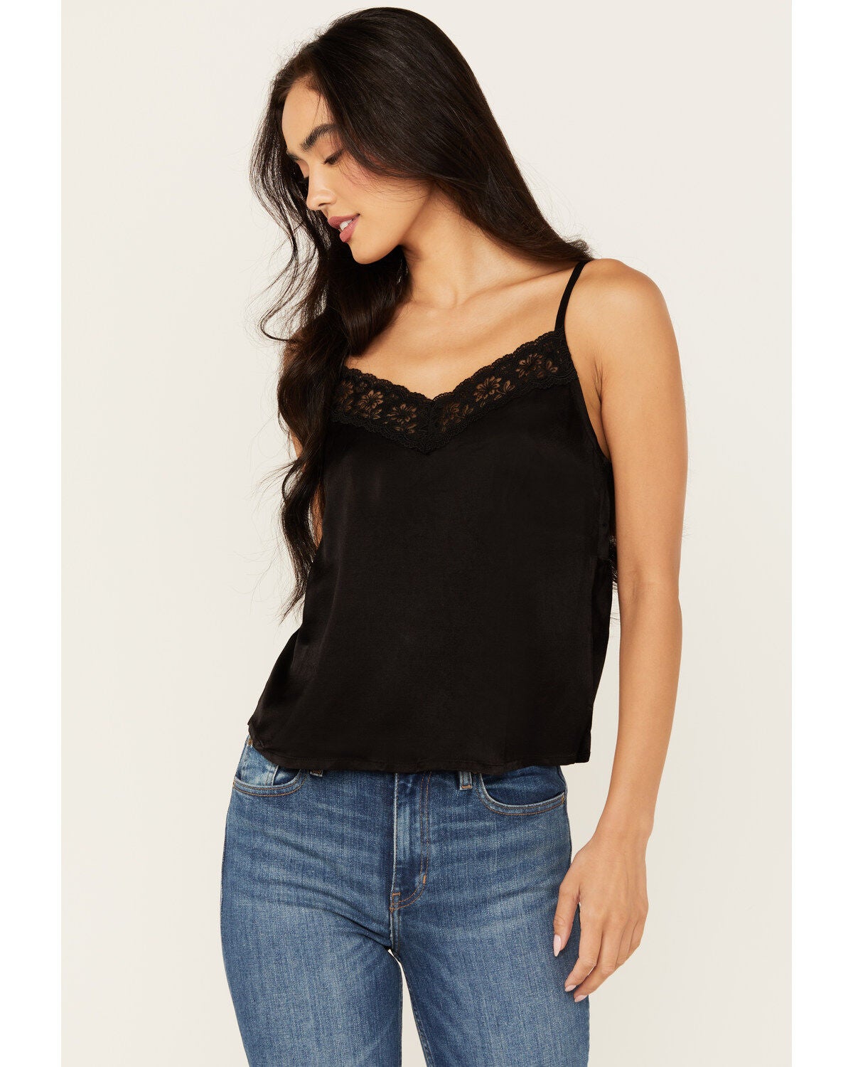 Shyanne Women's Lace Satin Cami, Black, hi-res