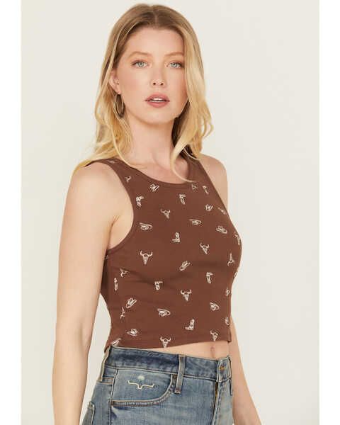 Image #2 - Discreture Women's Western Embroidered Cropped Tank, Brown, hi-res