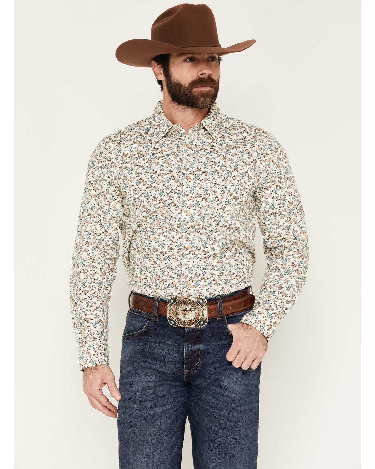 Image #1 - Gibson Trading Co Men's Antique Bloom Paisley Print Long Sleeve Button-Down Western Shirt, White, hi-res