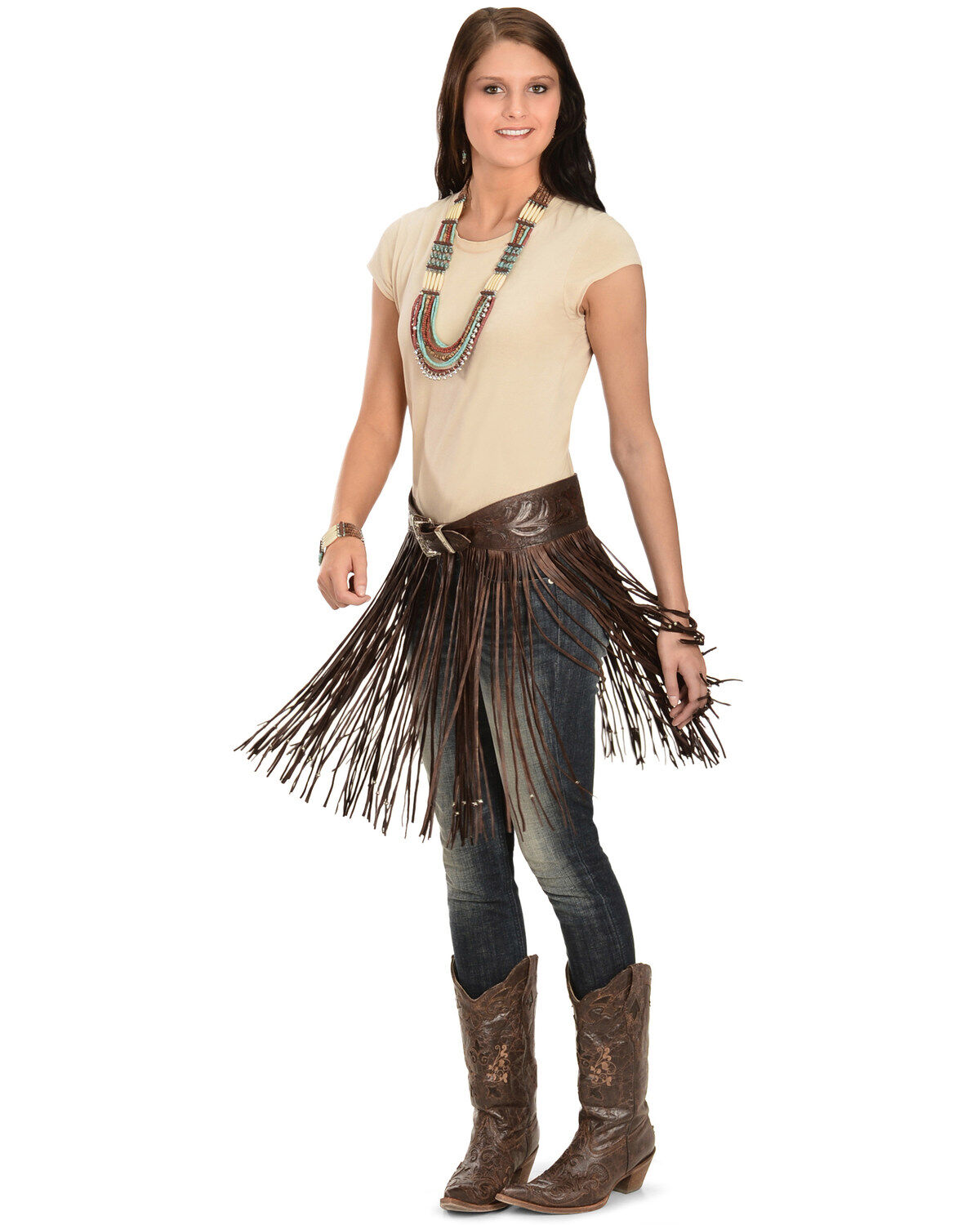 Image #4 - Kobler Leather Women's Hand-Tooled Fringe Belt, Brown, hi-res