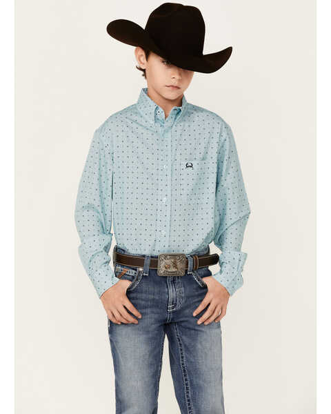 Cinch Boys' Diamond Geo Print ARENAFLEX Long Sleeve Button Down Western Shirt , Light Blue, hi-res