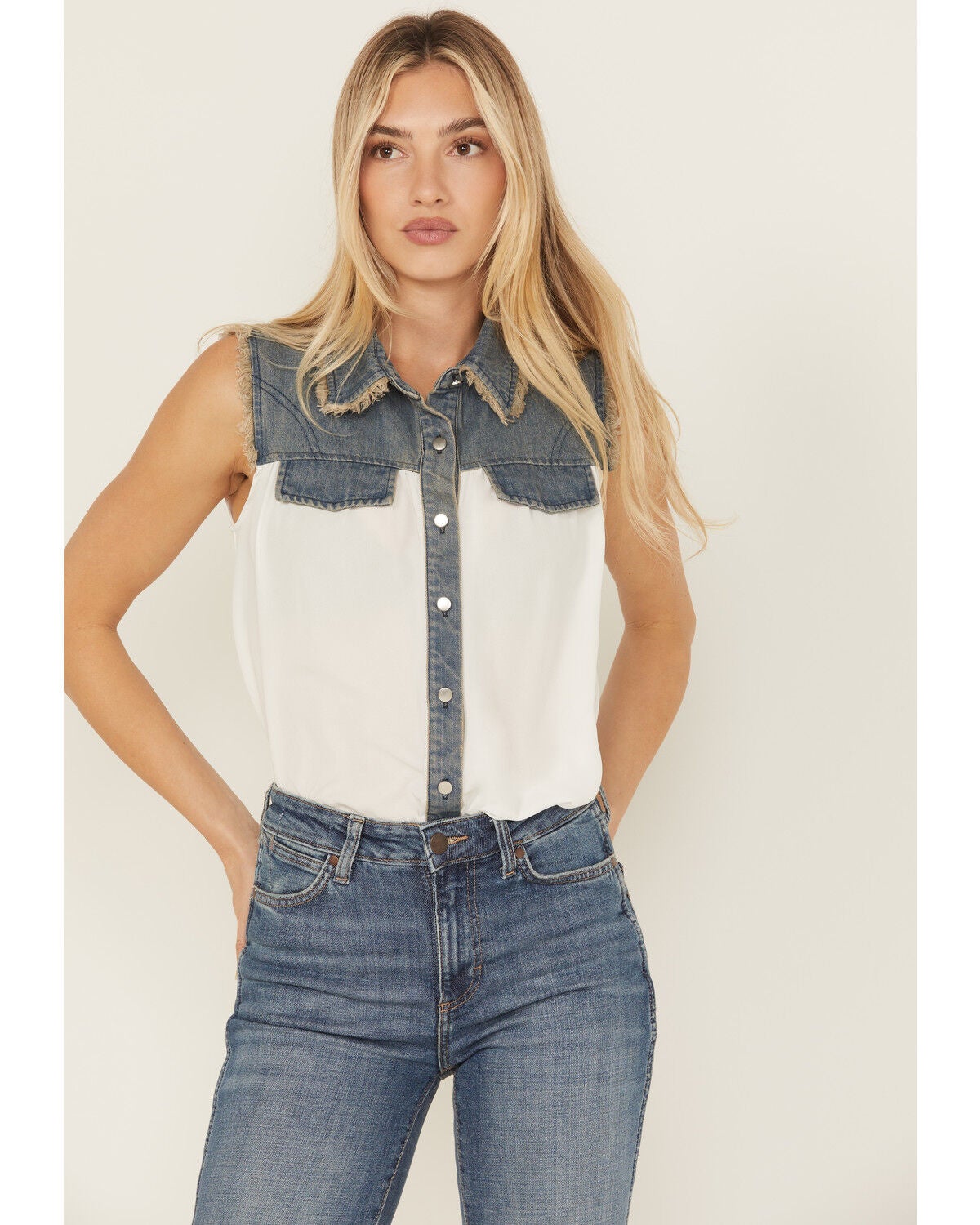Cowgirl Hardware Women's Sleeveless Denim Chiffon Blouse, Medium Wash, hi-res