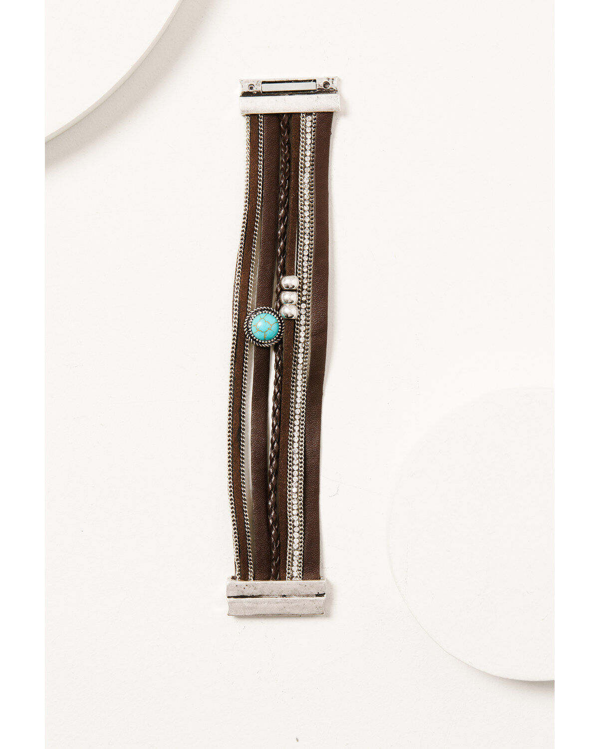 Image #1 - Shyanne Women's Brown Leather & Turquoise Beaded Silver Chain Wrap Bracelet, Silver, hi-res