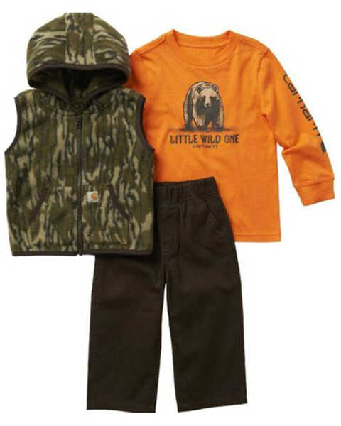 Carhartt Toddler Boys' Bear Graphic T-Shirt, Camo Print Zip Vest & Pants Set - 3-Piece, Dark Brown, hi-res