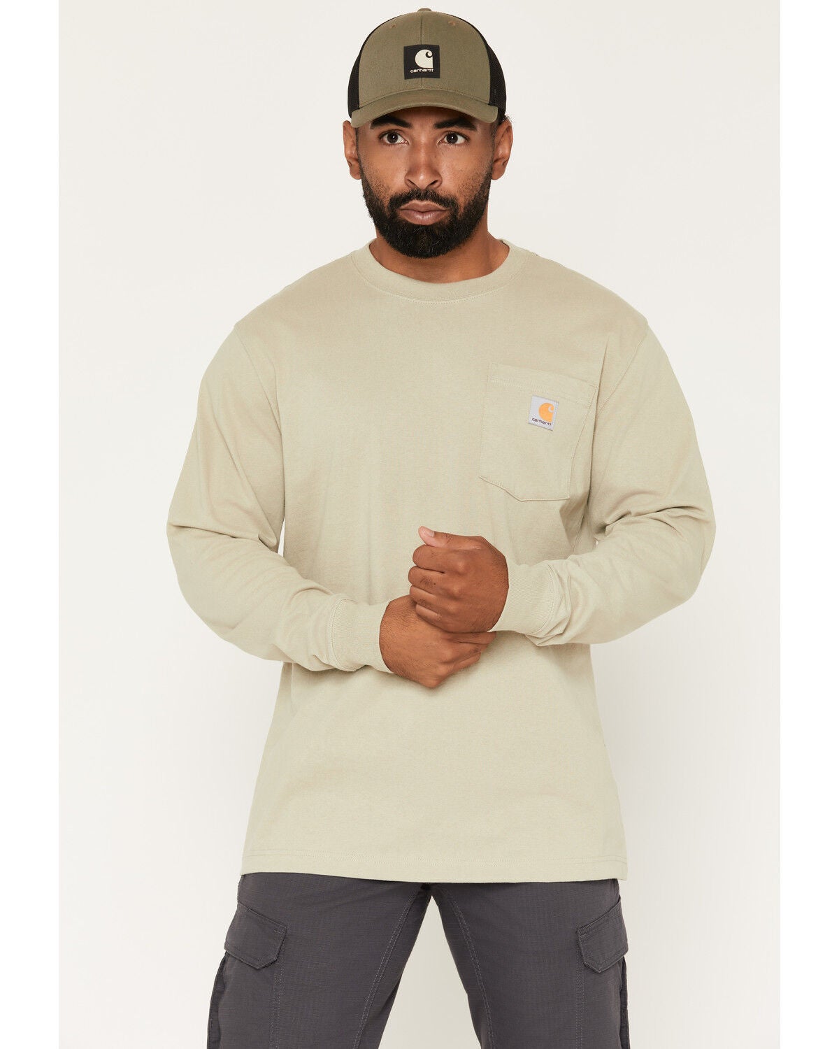Image #1 - Carhartt Men's Deerborn Logo Loose Fit Long Sleeve Graphic T-Shirt, Olive, hi-res