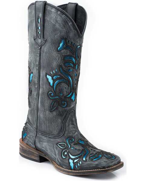 Roper Women's Distressed Scroll Underlay Western Boots, Black, hi-res