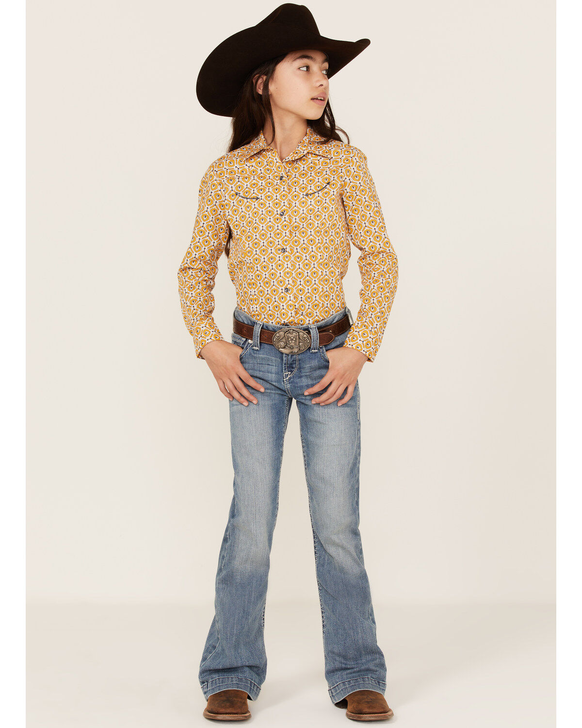 Image #2 - Cruel Girl Girl's Medallion Print Long Sleeve Western Snap Shirt, Yellow, hi-res