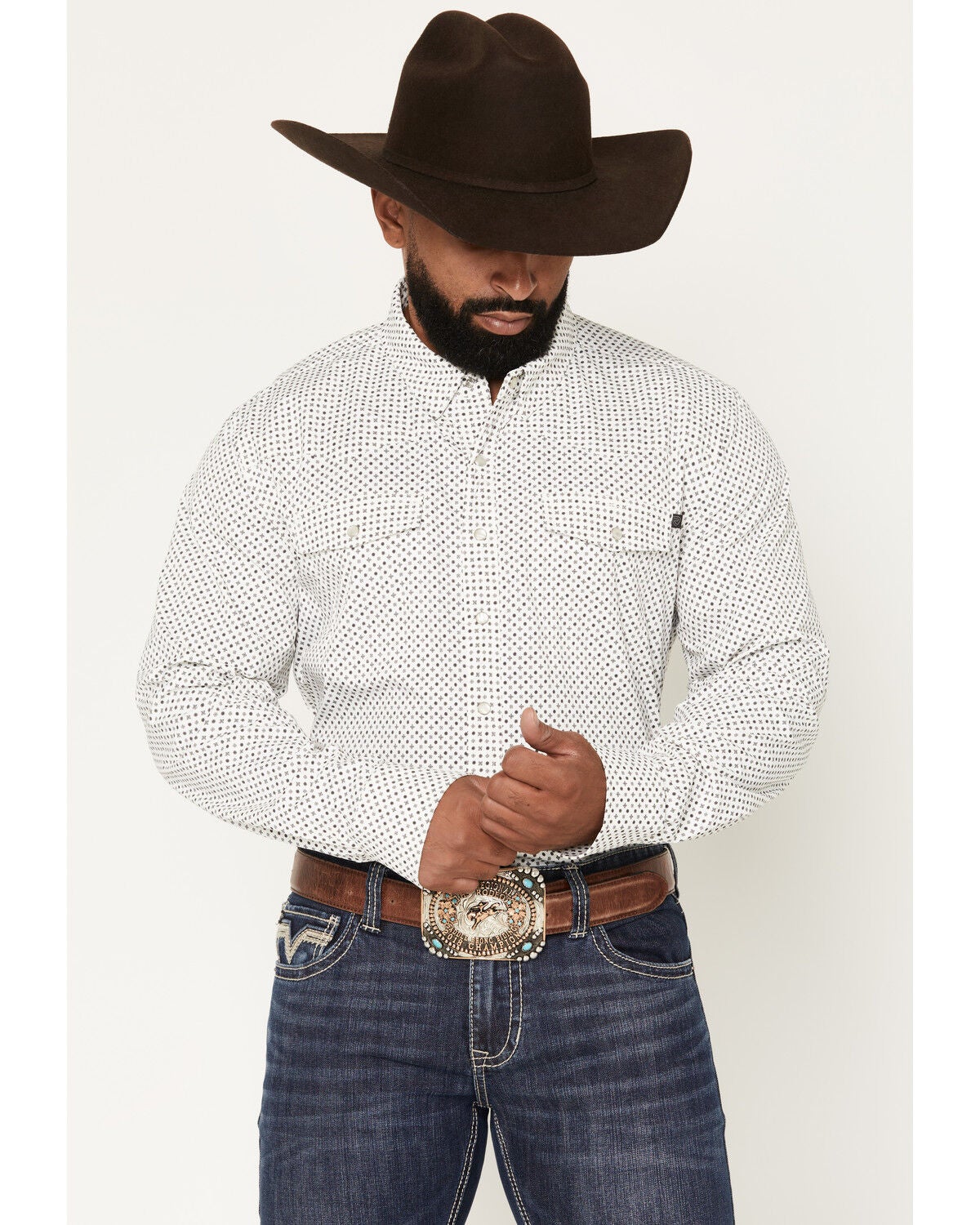 Image #1 - Rock & Roll Denim Men's Geo Print Tek Long Sleeve Snap Performance Shirt, White, hi-res