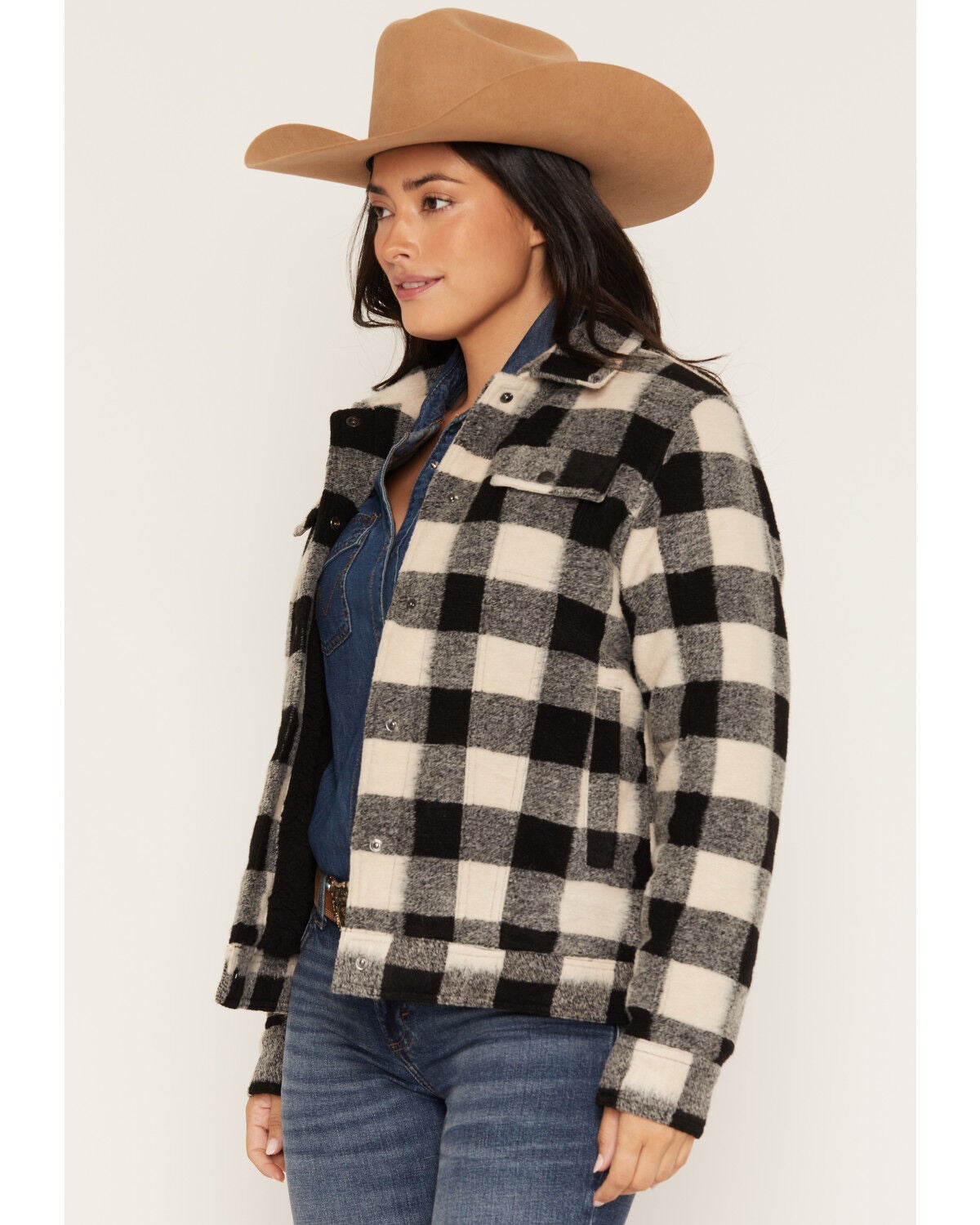 Image #2 - Outback Trading Co Women's Mary Kate Plaid Print Snap Sherpa Jacket, Black, hi-res