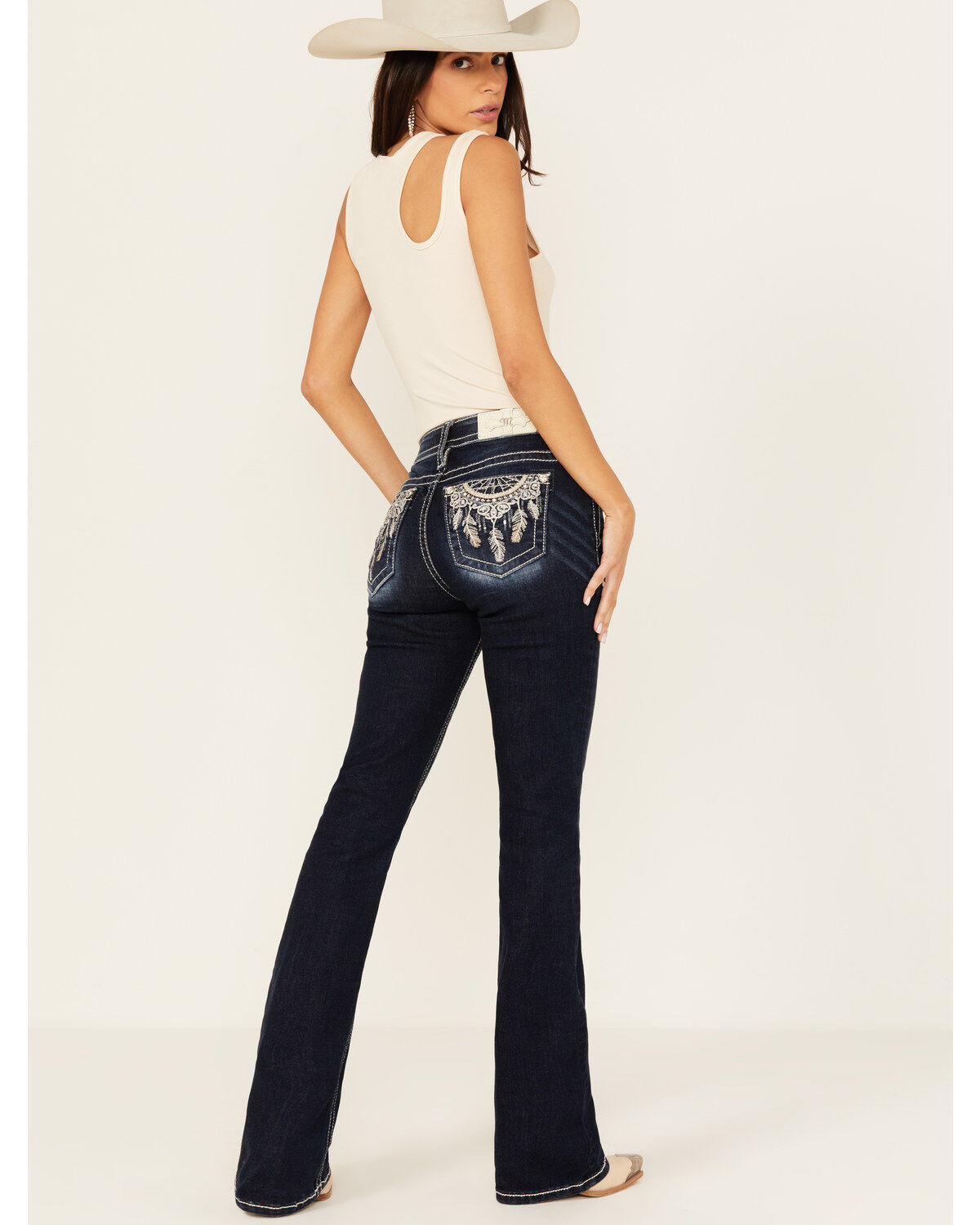 Image #1 - Miss Me Women's Dark Wash Mid Rise Dream Catcher Pocket Bootcut Stretch Denim Jeans, , hi-res
