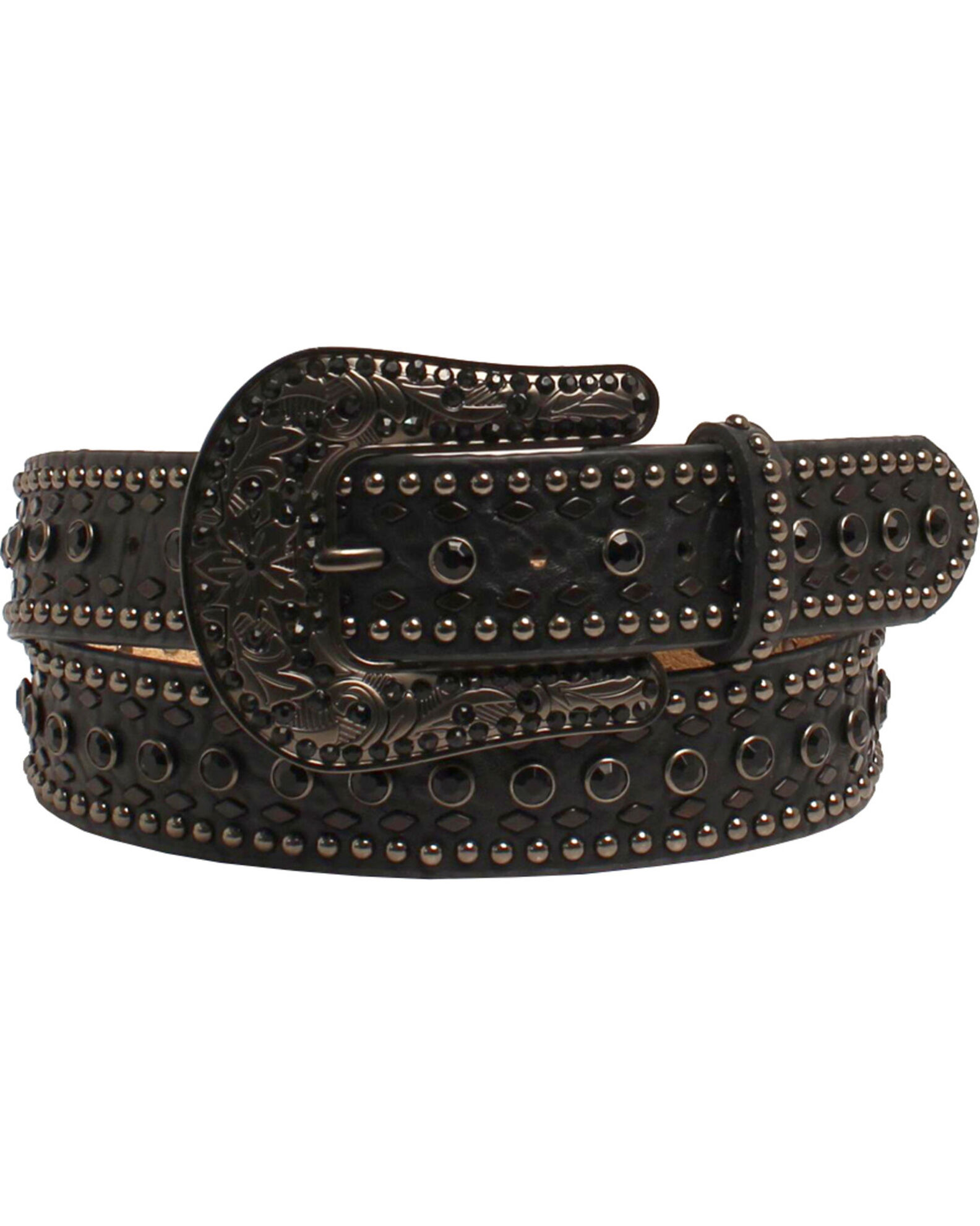 Image #1 - Nocona Women's Rhinestone Floral Black Tooled Leather Belt, Black, hi-res