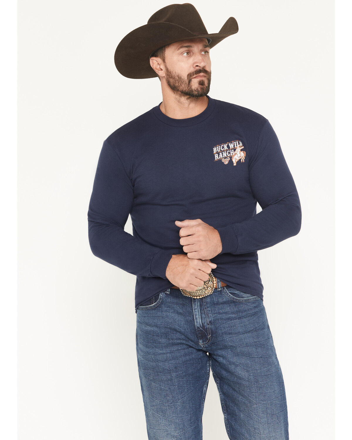 Image #2 - Cowboy Hardware Men's Buck Wild Ranch Long Sleeve Graphic T-Shirt, Navy, hi-res