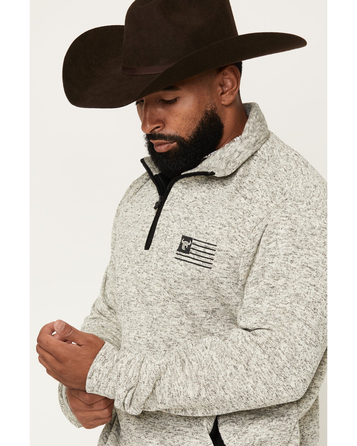 Image #2 - Cowboy Hardware Men's Steer Head Flag 1/4 Zip Pullover, Grey, hi-res