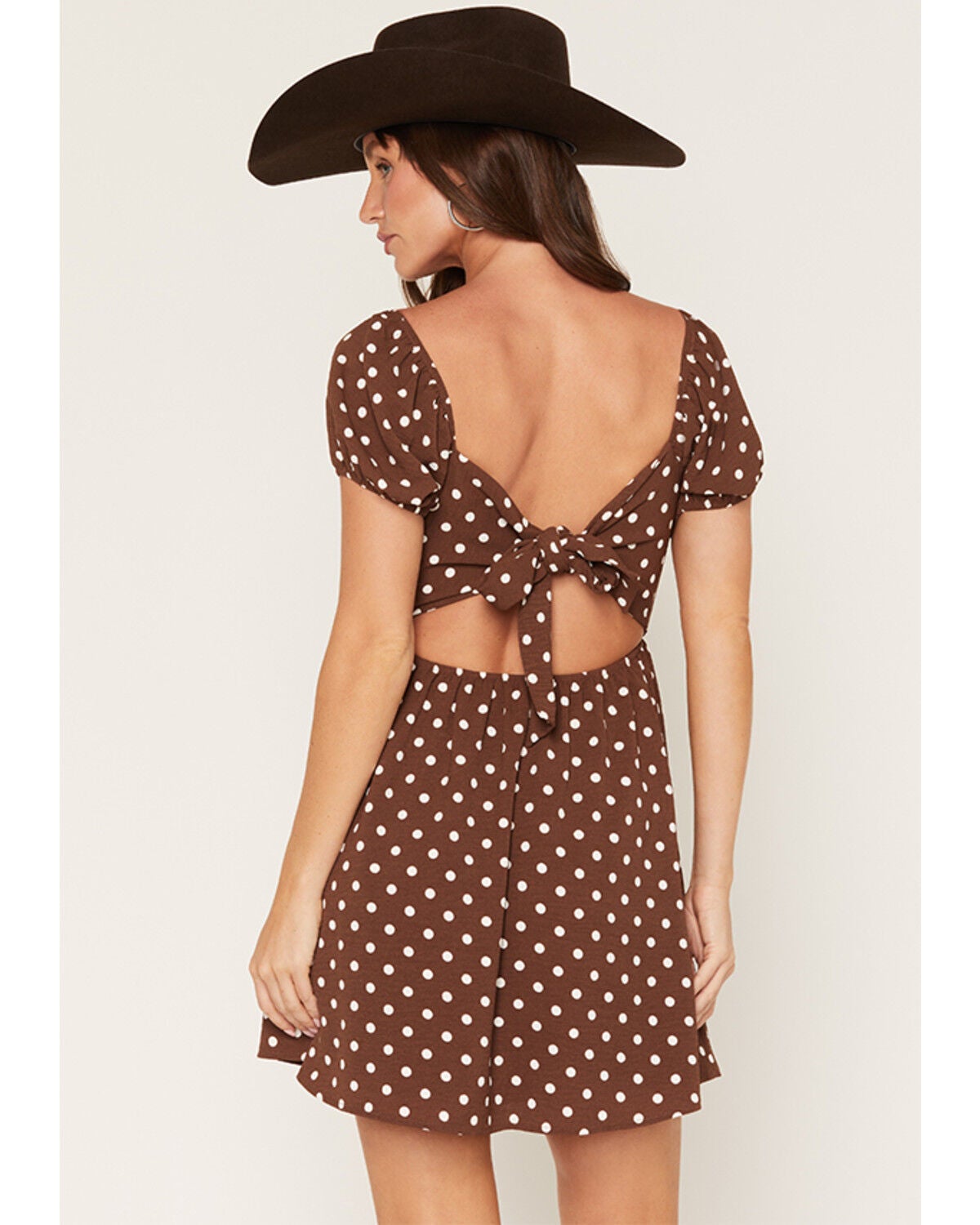 Image #4 - Originality Women's Boot Barn Exclusive Polka Dot Tie Back Mini Dress, Brown, hi-res