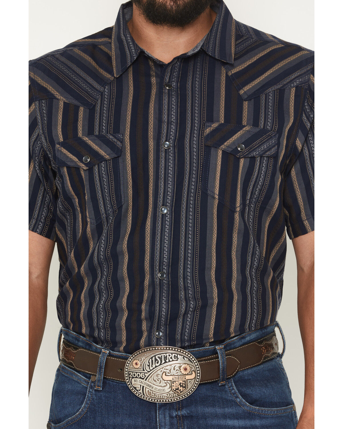 Image #3 - Cody James Men's Highland Rim Striped Print Short Sleeve Snap Western Shirt, Navy, hi-res