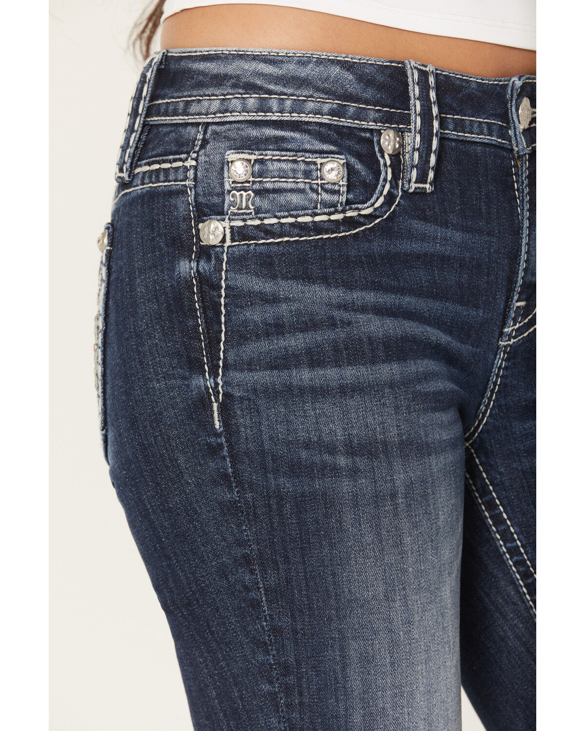 Product Name:  Miss Me Women's Dark Wash Mid Rise Faux Flap Pocket 34" Bootcut Stretch Denim Jeans