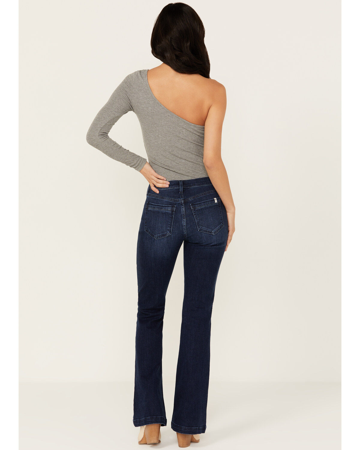 Image #3 - Sneak Peek Women's Dark Wash Mid Rise Exposed Button-Fly Stretch Trouser Jeans, Dark Wash, hi-res