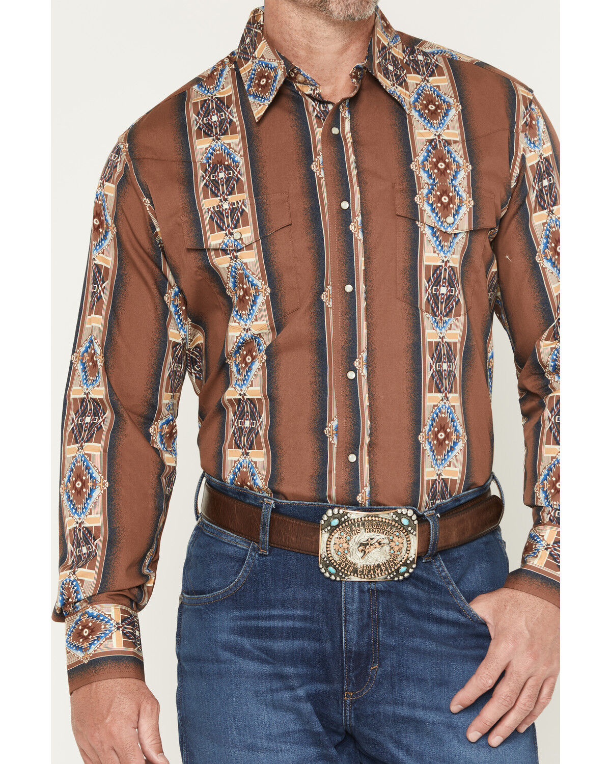 Image #3 - Wrangler Men's Checotah Southwestern Print Long Sleeve Snap Western Shirt, Brown, hi-res