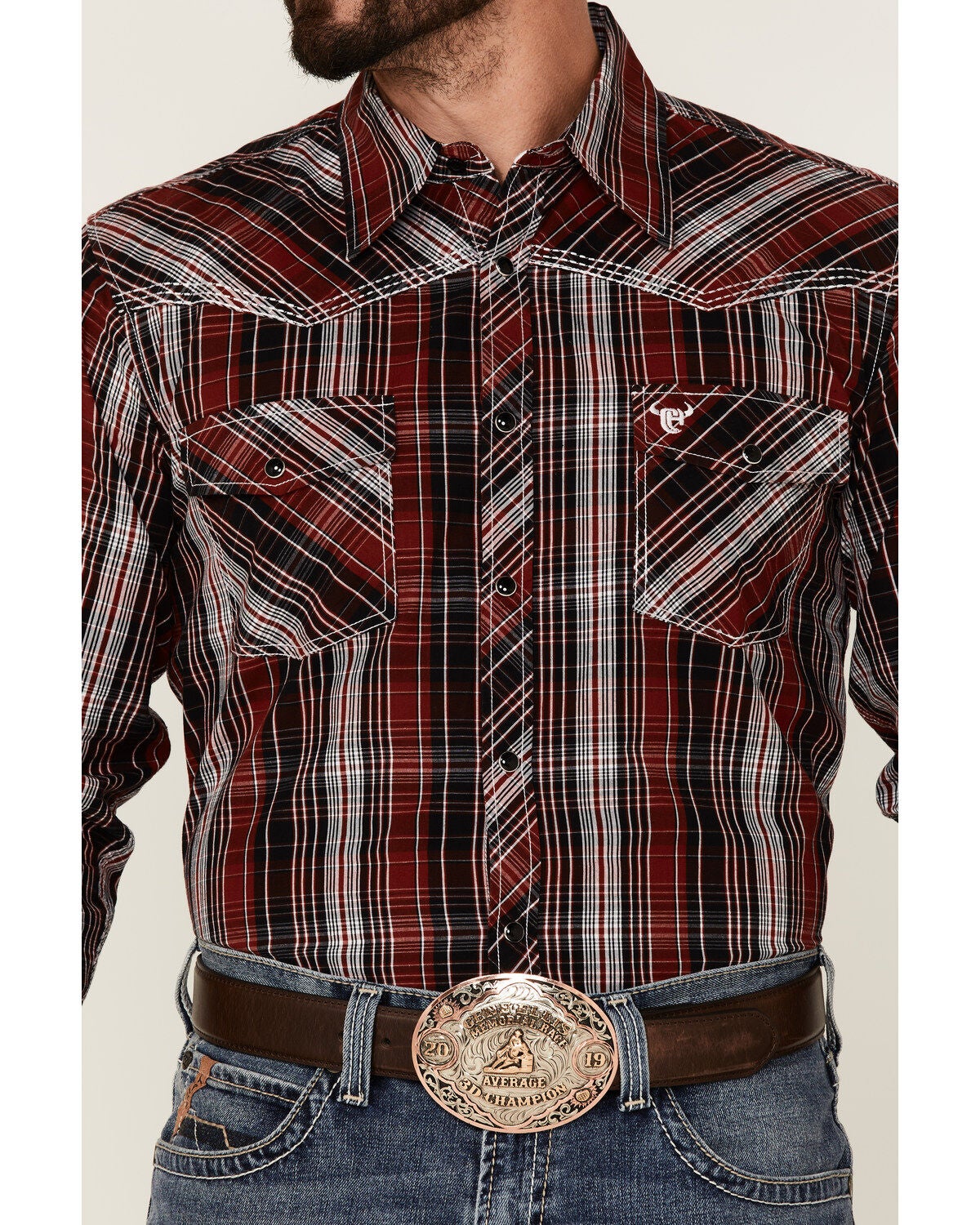 Image #3 - Cowboy Hardware Men's Multi Plaid Print Long Sleeve Snap Western Shirt, Red, hi-res